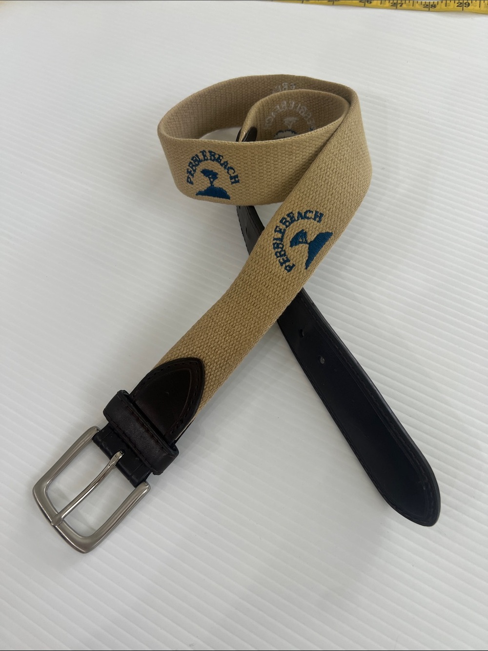 Pebble Beach Tan Canvas Belt with Black Leather Accents